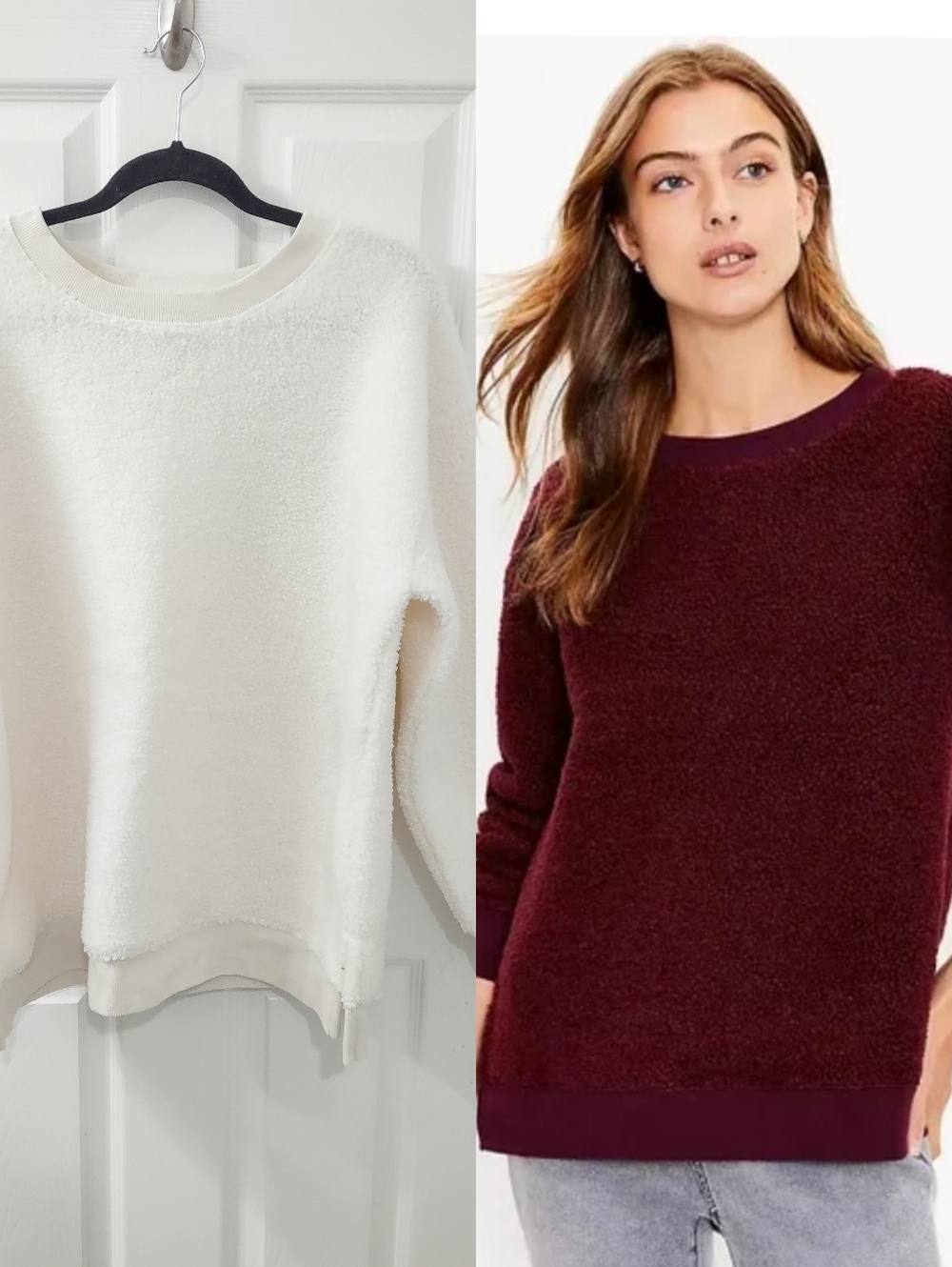NWOT 2-pack Loft Crew Neck Sherpa Fleece Lined Sweatshirt Burgundy White Size L